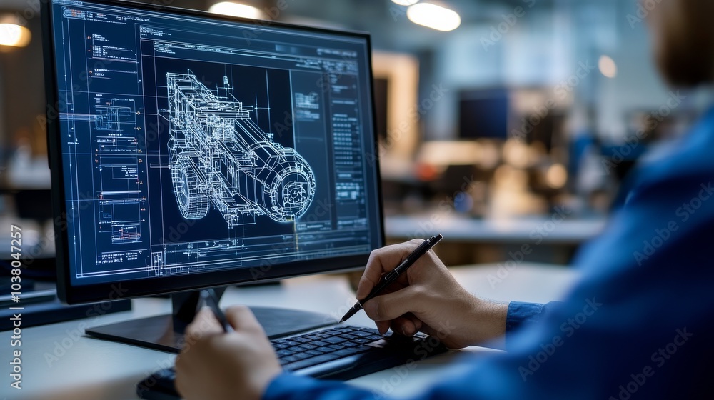 Engineering Innovation: A close-up of an engineer's hands working on a computer design, showcasing the intricate details of a 3D model for a complex machine. The image captures the precision, focus. Engineering Innovation: A close-up of an engineer's hands working on a computer design, showcasing the intricate details of a 3D model for a complex machine. The image captures the precision, focus.