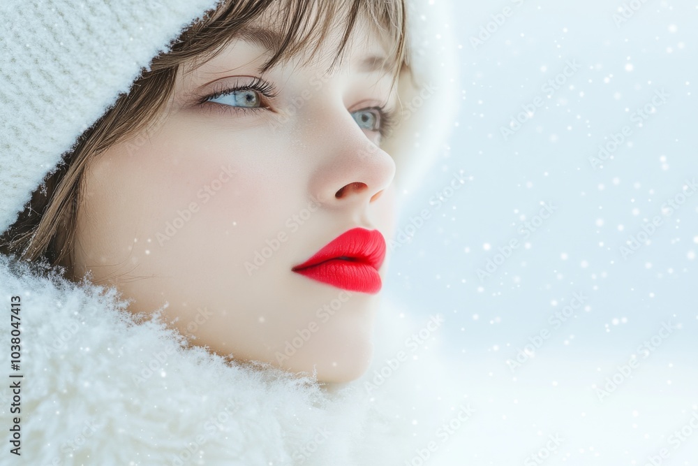 A woman in a white coat is captured against a snowy backdrop, her striking red lips contrasting with the wintery scene, embodying elegance and tranquility. A woman in a white coat is captured against a snowy backdrop, her striking red lips contrasting with the wintery scene, embodying elegance and tranquility.