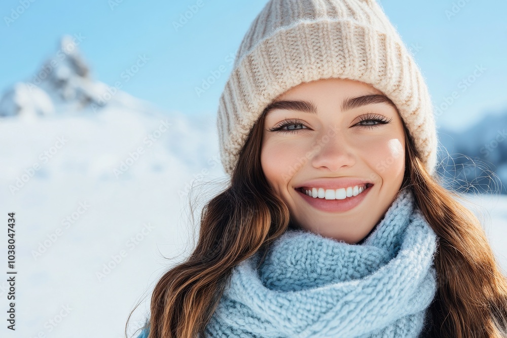 Fototapeta premium A joyful woman in a knit hat and scarf smiles brightly in a winter landscape, conveying warmth and happiness amidst the cold, mountainous surroundings.