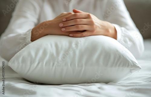 Calm hands resting on a white quilted pillow in a serene indoor setting durin...