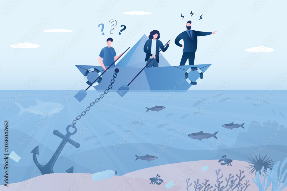 Group of businessmen are sailing on paper boat on ocean. Problem is with moving forward, anchor at bottom prevents company from sailing. Hidden problems, mistakes Group of businessmen are sailing on paper boat on ocean. Problem is with moving forward, anchor at bottom prevents company from sailing. Hidden problems, mistakes
