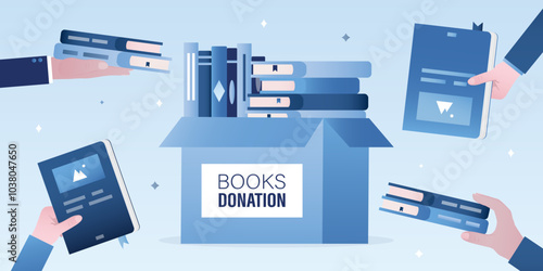 Books donation, volunteering concept. Various human hands put used books in box. Stack of books in box. Time for knowledge charity. Donation box full of literature.