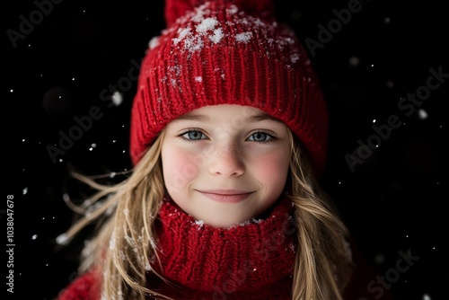 A child in red winter clothing stands confidently in softly falling snow, with a serene expression and bright blue eyes, radiating warmth and simplicity amidst winter.