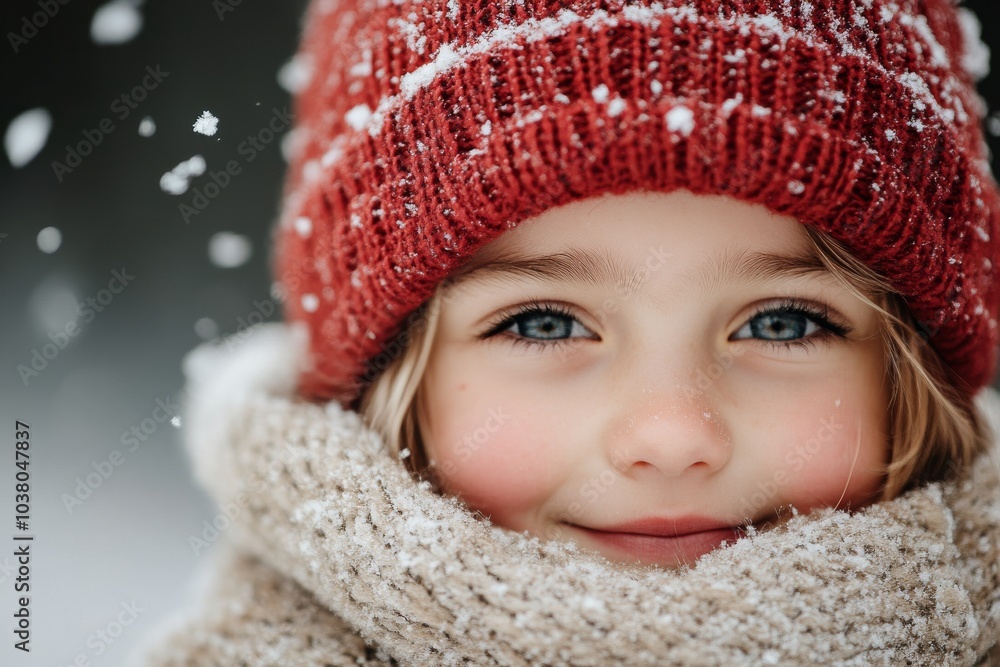 A beautifully serene portrait of a child in a red knit hat, showcasing rosy cheeks and a gentle smile, with snowflakes gently landing on the soft knit fabric. A beautifully serene portrait of a child in a red knit hat, showcasing rosy cheeks and a gentle smile, with snowflakes gently landing on the soft knit fabric.