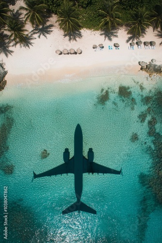 Aerial view of an airplane flying over a tropical beach with clear turquoise ...