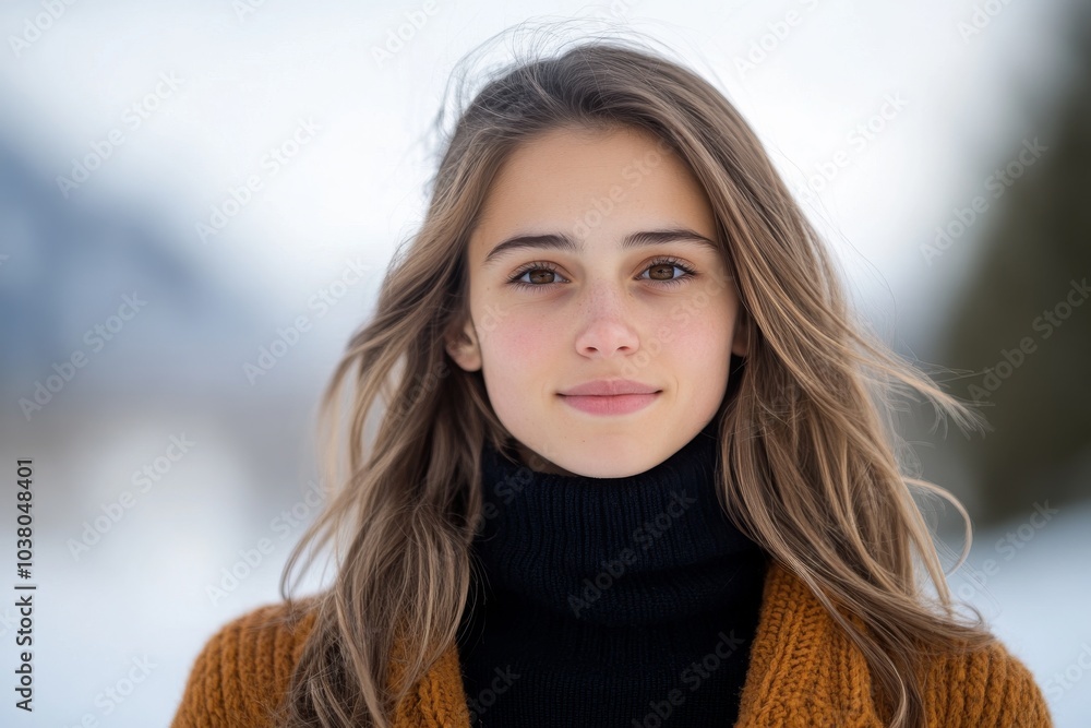 An image of a young woman with long hair in a knitted sweater standing outside in a wintry setting, exuding calmness and serenity through the snowy ambiance. An image of a young woman with long hair in a knitted sweater standing outside in a wintry setting, exuding calmness and serenity through the snowy ambiance.