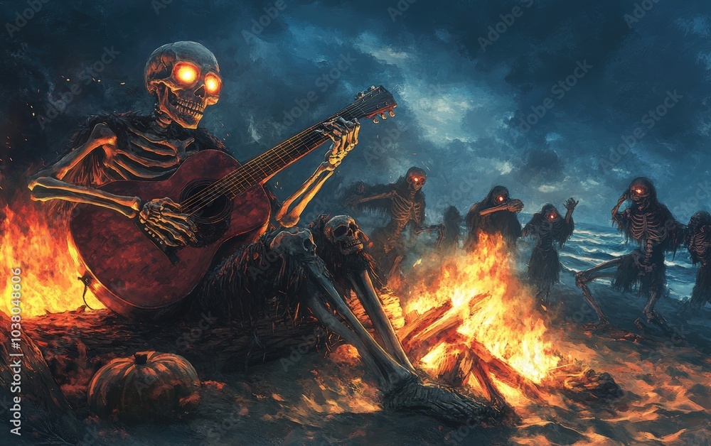 Skeleton Playing Guitar at a Beach Bonfire. A joyful skeleton sitting on a log, strumming a guitar with glowing, expressive eyes. Skeleton Playing Guitar at a Beach Bonfire. A joyful skeleton sitting on a log, strumming a guitar with glowing, expressive eyes.