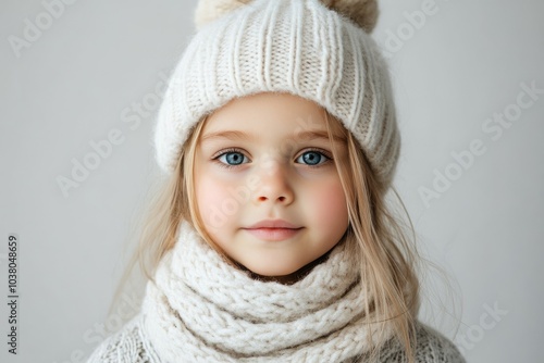 A young girl with blue eyes, wearing a white knit hat and scarf, looks directly at the camera, showcasing the purity of childhood against a soft, neutral background.