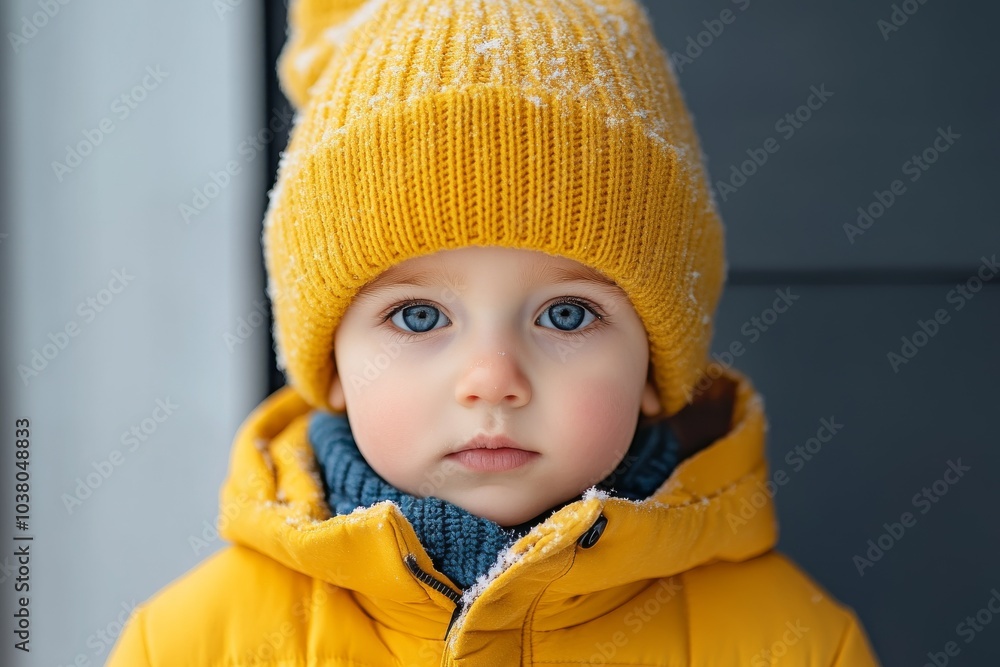 A child, with a serious look, wearing a yellow knitted hat and matching puffer jacket stands in front of a snowy, softly blurred dark background. A child, with a serious look, wearing a yellow knitted hat and matching puffer jacket stands in front of a snowy, softly blurred dark background.