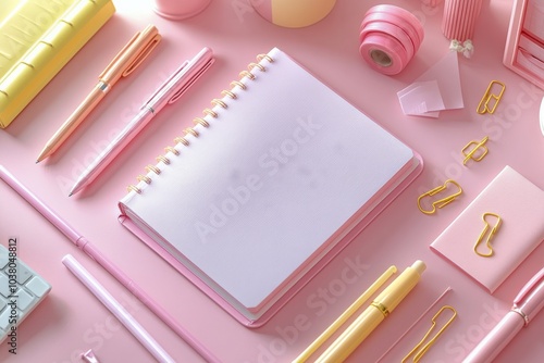 Creative workspace with pastel stationery and a blank notebook on a pink back...