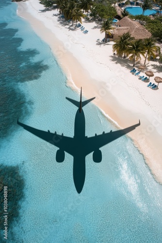 Aerial view of an airplane flying over a tropical beach with clear turquoise ...
