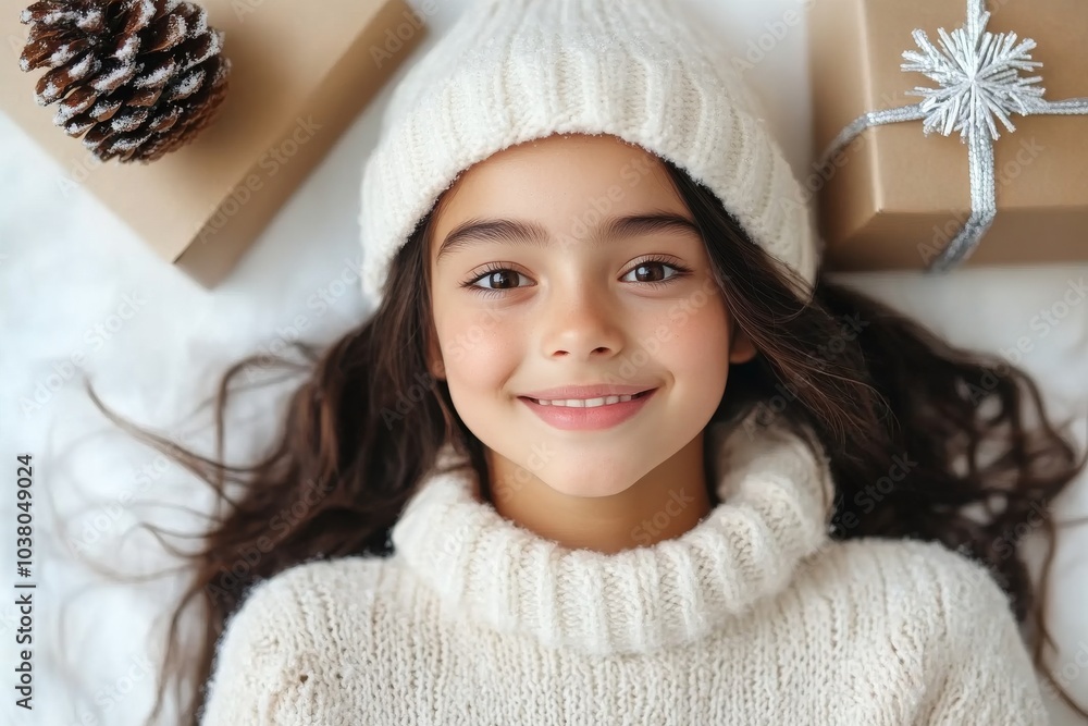A young girl in a cozy sweater and woolen hat lies in the snow beside carefully wrapped gift boxes, radiating joy and excitement during the festive season. A young girl in a cozy sweater and woolen hat lies in the snow beside carefully wrapped gift boxes, radiating joy and excitement during the festive season.