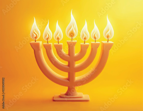 vecotr illustration of a menorah with lighted up candles and flames on a yellow background