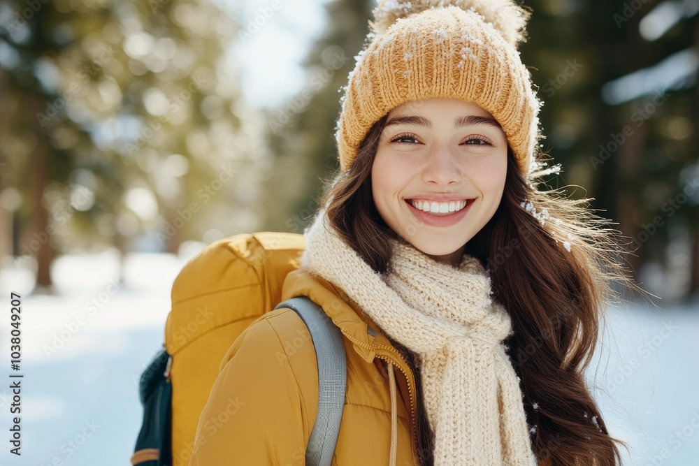 A cheerful woman, dressed warmly in a jacket, scarf, and hat, smiles brightly while standing amid a snow-covered forest, capturing the warmth of winter joy. A cheerful woman, dressed warmly in a jacket, scarf, and hat, smiles brightly while standing amid a snow-covered forest, capturing the warmth of winter joy.