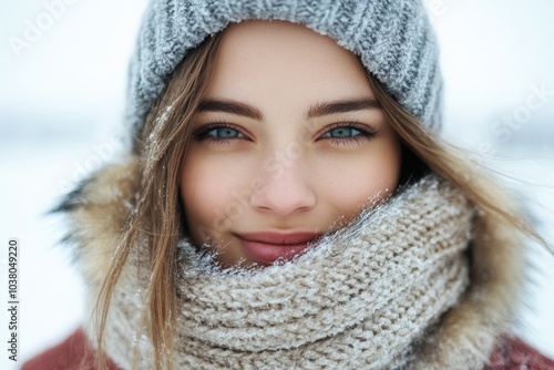 A striking portrait captures a woman with captivating blue eyes, warmly dressed in layered scarves as snow lightly dusts her surroundings, blending beauty and nature.