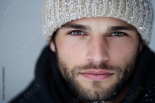 A close-up portrait of a bearded man wearing a knitted beige hat, highlighting his deep gaze and light dusting of snow, set against a muted background.