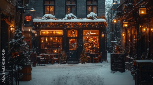 Charming winter street adorned with festive lights and decorations in a cozy ...