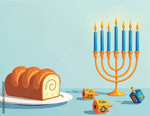 a vector painting of a menorah with candles and fires lighted up with challah bread and dreidels