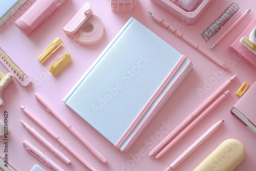 Creative workspace with pastel stationery and a blank notebook on a pink back...