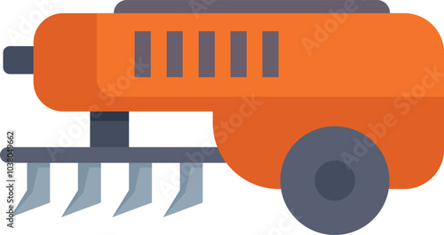 This colorful vector illustration features an orange seeding machine planting crops in a field, perfect for agricultural projects