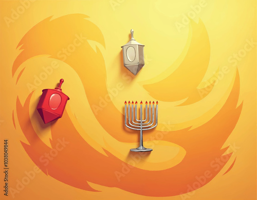 vector of a menorah and candles lighted up dreidels with swirling pattern on yellow background