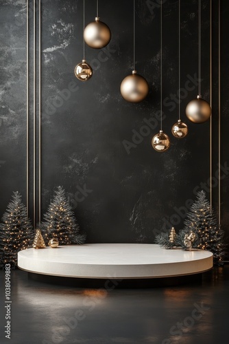 Elegant display of golden ornaments and a small tree on a marble pedestal aga...