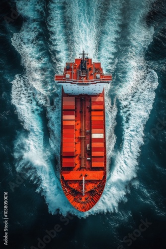 Aerial view of a cargo ship navigating through the ocean waves under bright s...