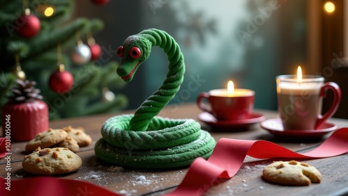 Green snake coiled with raised head next to a red candle and a ribbon photo