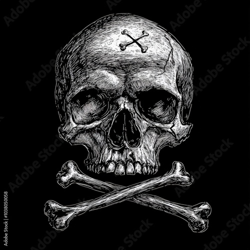 skull with crossbones underneath, symbolizing danger or pirate themes in bold detail sketch engraving generative ai raster illustration. Scratch board imitation.  photo