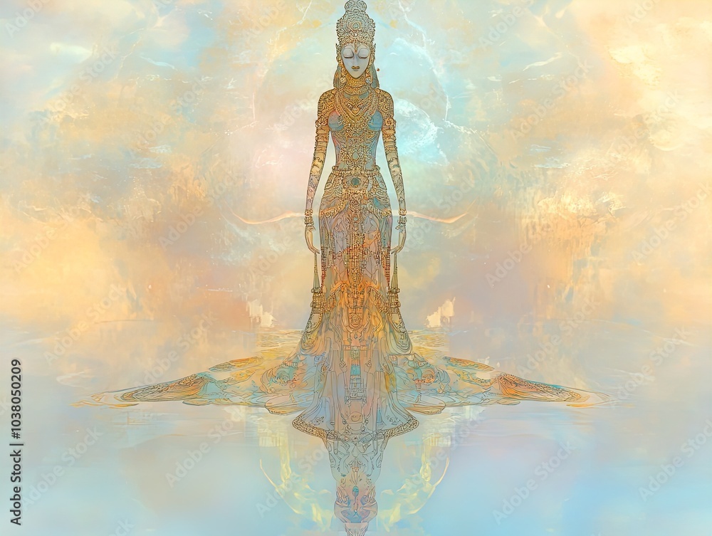 Serene Spiritual Being: An Intricate Goddess Poster Perfect for Calming Interiors, Featuring Dreamlike Colors and Symbolic Motifs for Tranquil Spaces Serene Spiritual Being: An Intricate Goddess Poster Perfect for Calming Interiors, Featuring Dreamlike Colors and Symbolic Motifs for Tranquil Spaces