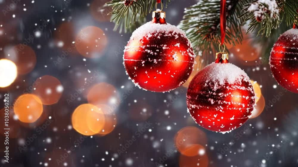 Winter Wonderland: A close-up of three frosted red Christmas ornaments hanging from a snow-covered pine branch, illuminated by twinkling lights in the blurred background. Evoking warmth, festivity. Winter Wonderland: A close-up of three frosted red Christmas ornaments hanging from a snow-covered pine branch, illuminated by twinkling lights in the blurred background. Evoking warmth, festivity.