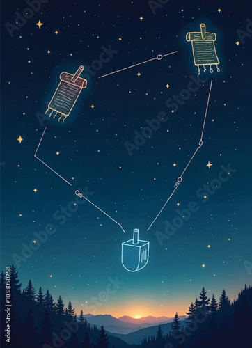 a poster of beautiful mountain with starry night sky and constellation with hanukkah symbols on it