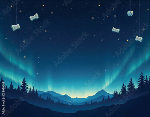 a poster with a mountain on a starry night sky and aurora borealis with lanterns of hanukkah symbols