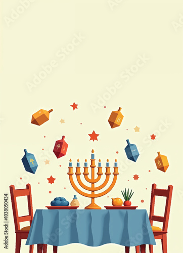 a vector painting of a menorah with candles and a table with a blue tablecloth and dreidels on it