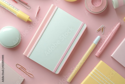 Creative workspace with pastel stationery and a blank notebook on a pink back...