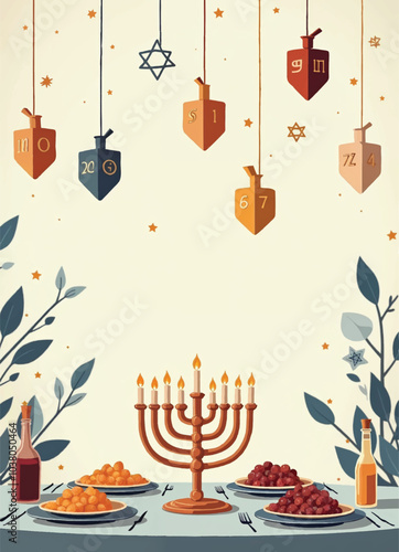 a vector wallpaper of hanukkah table with menorah and lighted up candles with plants and dreidels