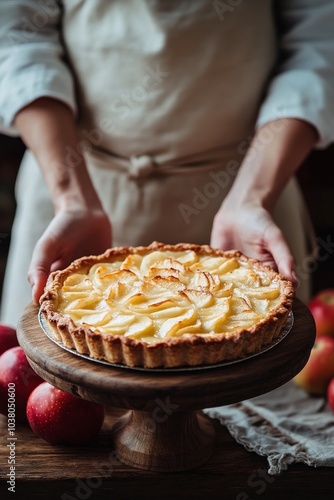 A baker presents a freshly made apple pie on a wooden pedestal surrounded by ...