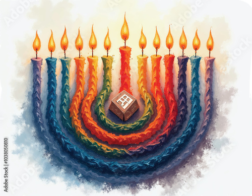 a colorful picture of menorah chandeliers form a spiral pattern with a dreidel on it