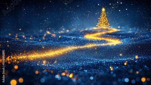 A sparkling Christmas tree illuminated by golden lights on a starry night