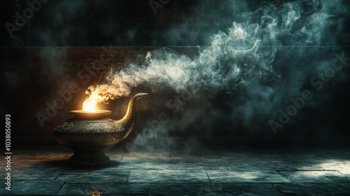 A mystical lamp emitting smoke in a dimly lit ancient setting at night