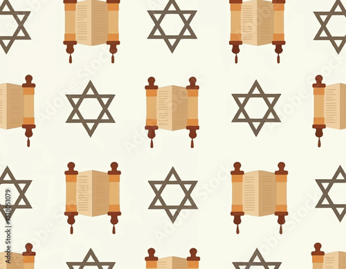 a vector wallpaper with stars of david and torah scrolls seamless pattern on white background