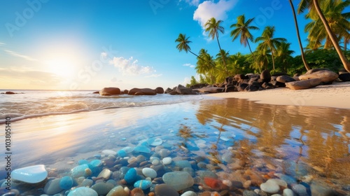 Sunset Reflections on a Pebbled Beach with a Crystal Globe in Focus