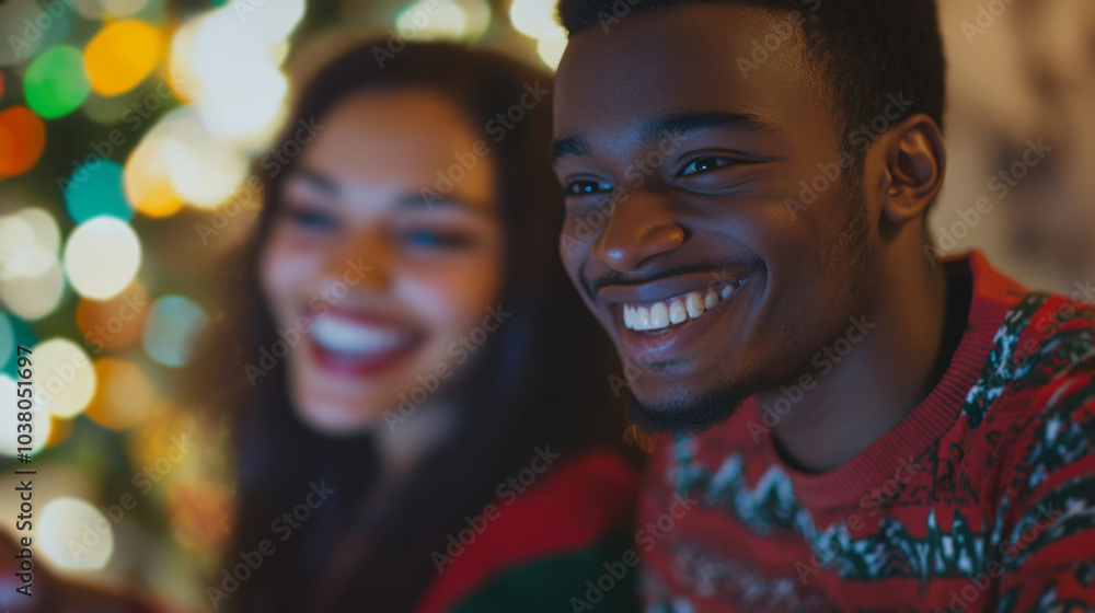 Couple enjoying a cozy evening together while playing games during the festive season with colorful Christmas lights twinkling in the background Couple enjoying a cozy evening together while playing games during the festive season with colorful Christmas lights twinkling in the background