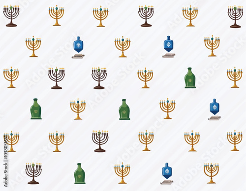 a wallpaper seamless pattern with a blue and gold menorah and a blue olive oil jugs with dreidels