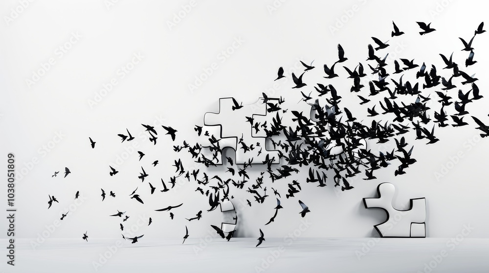 a puzzle piece morphing into a flock of birds, symbolizing the idea of finding one's place in the world and embracing change a puzzle piece morphing into a flock of birds, symbolizing the idea of finding one's place in the world and embracing change