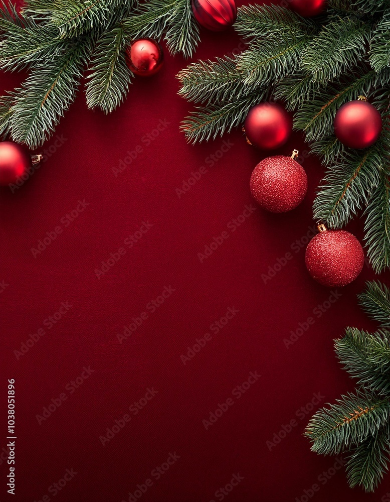 Dark red velvet background with pine branches and red Christamas decorations Dark red velvet background with pine branches and red Christamas decorations