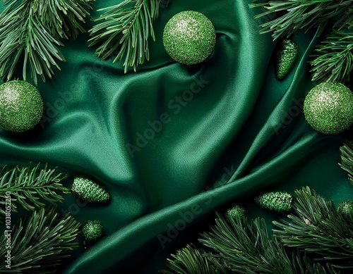 Dark green silk background with pine branches and green shiny Christamas decorations  photo