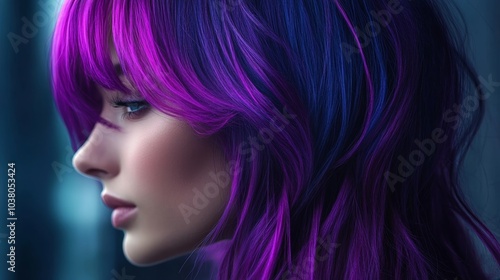 Female model showcasing vibrant purple and pink hair color in a close-up profile against a blurred urban background