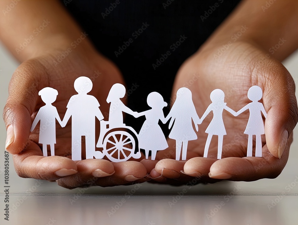 Embracing Diversity: An Artistic Poster of Inclusivity Featuring Paper Dolls of Diverse Families, Including a Wheelchair User and a Pregnant Individual, Perfect for Empowering Sports Interiors