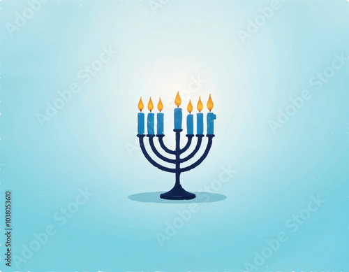 vector of a blue background with a black hanukkah menorah and blue candles with glowing flames on it